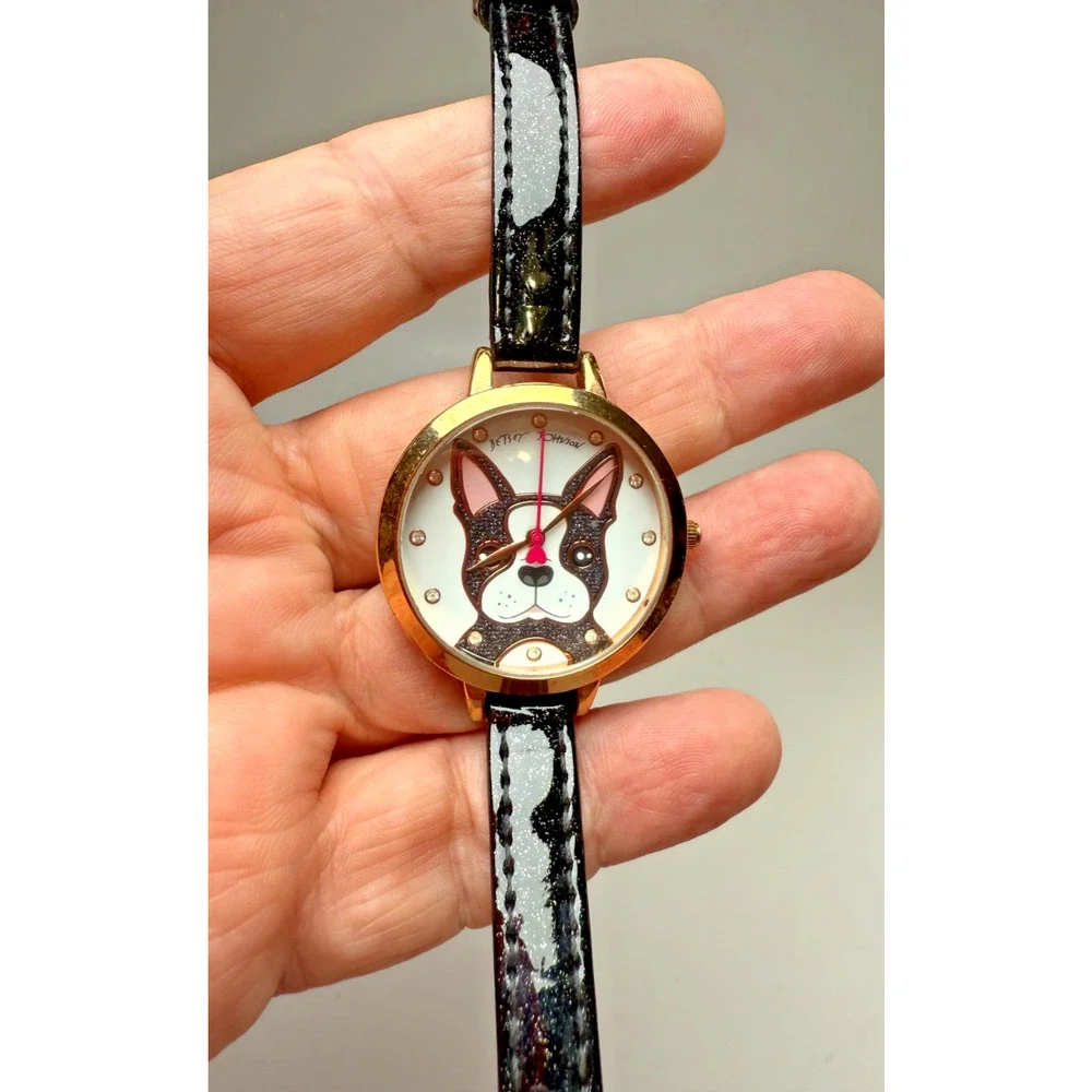 Betsey Johnson French Bulldog Frenchie Watch Gold Tone New Battery Works Black - Picture 3 of 7